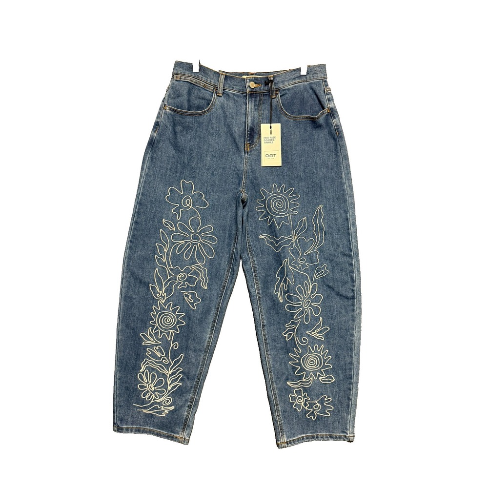 OAT Barrel Ankle Jeans Womens 8/29 Blue Embroidered Floral Boho Artsy Whimsical